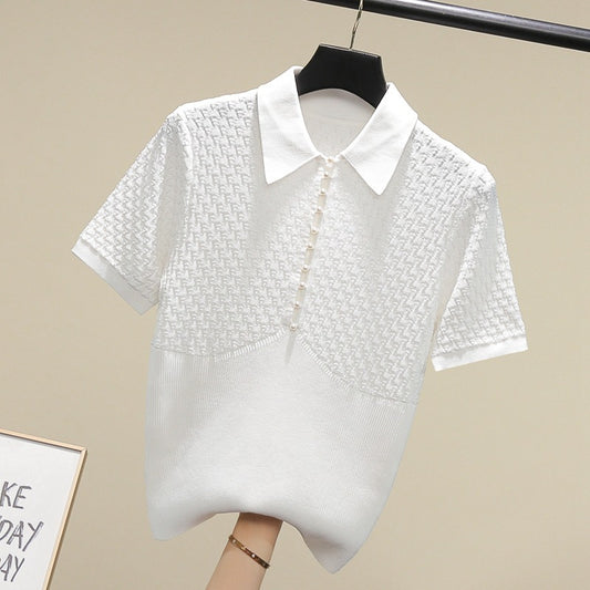 White Polo Collar Short-sleeved Sweater