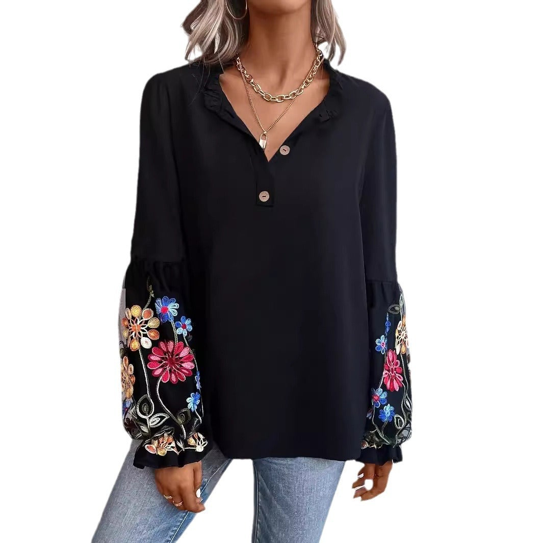 European And American Women's Long-sleeved Blouse Summer New Vacation Casual V-neck Top