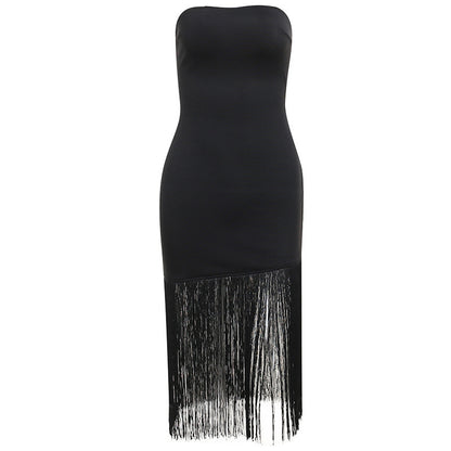 Wrap-chest Fringed Stitching High-end Slit Bag Hip Dress