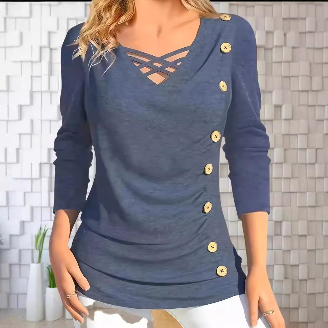 Chemise longue élégante en tricot de couleur unie à col en V et manches longues avec faux boutons