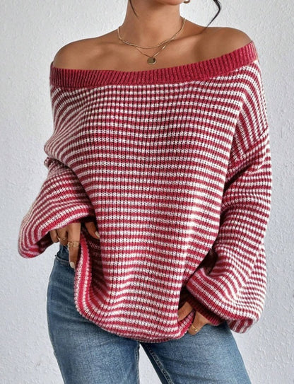 Women's Off-neck Shoulder-baring Sweater Contrast Color