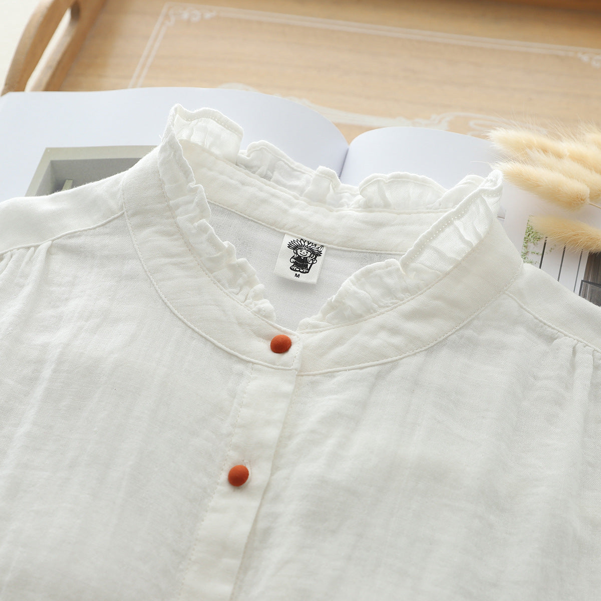 Color Buckle Lace Double-layer Cotton Yarn Long Sleeves White Shirt