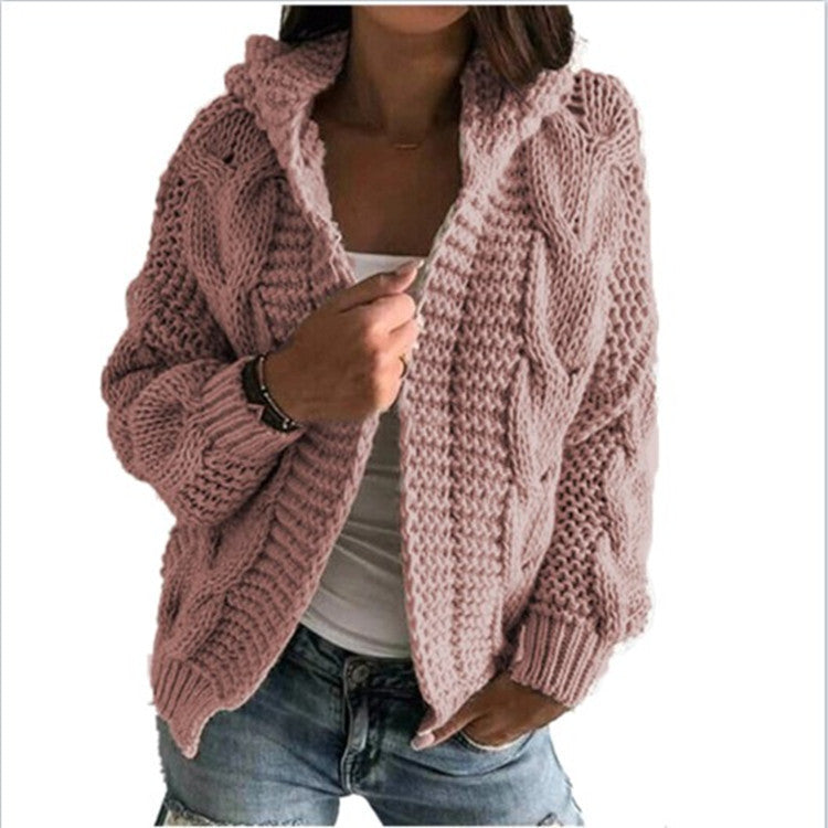 Cardigan à bonnet torsadé en tricot épais pour femme