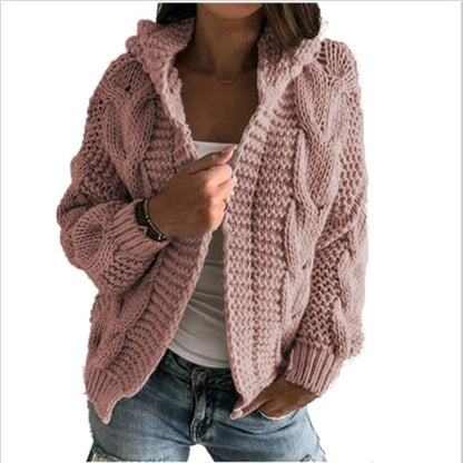 Cardigan à bonnet torsadé en tricot épais pour femme