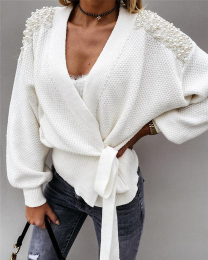 Cardigan à manches larges pour femme Pull en tricot à lacets