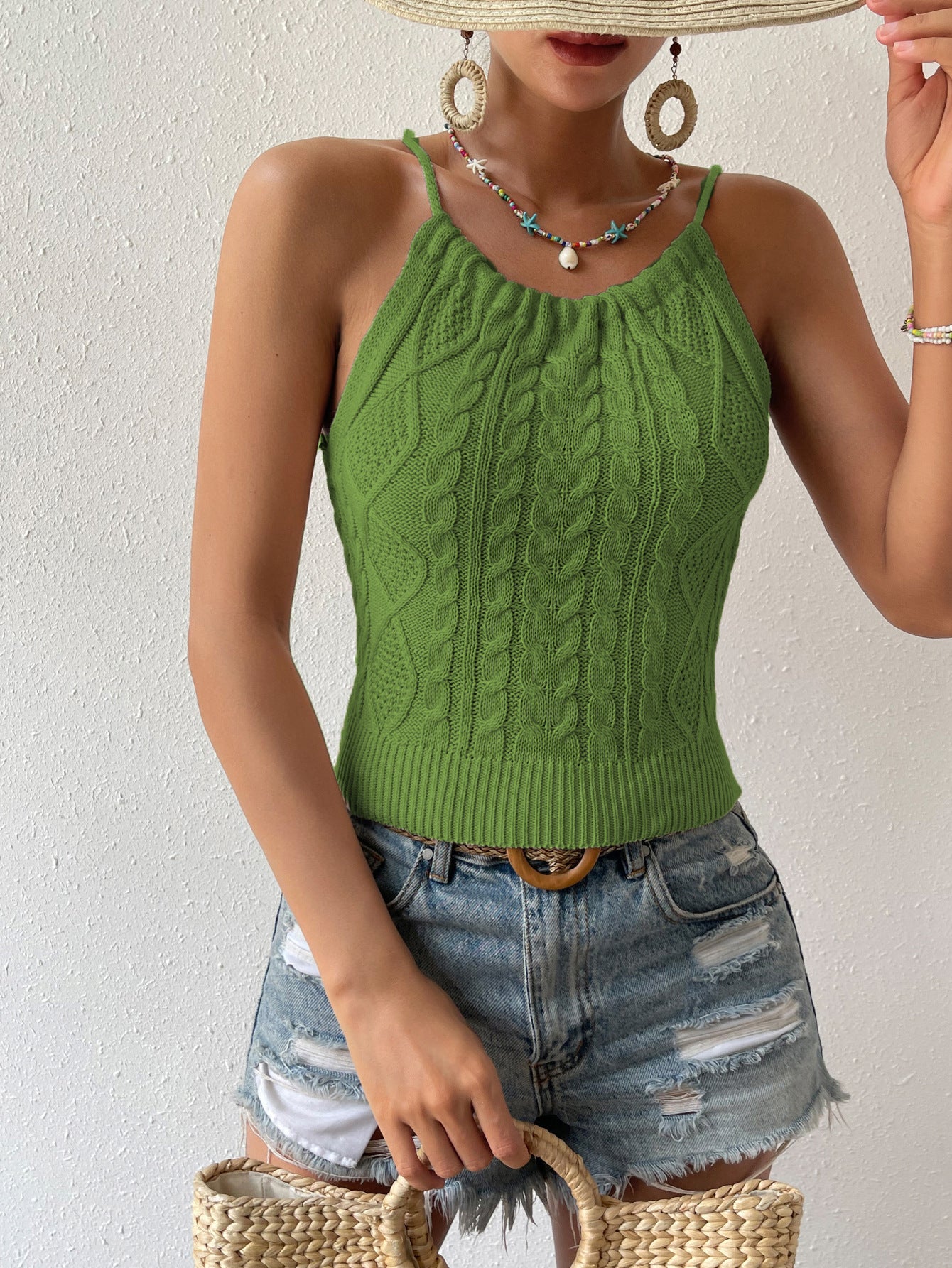 Polyester Backless Hemp Pattern Lace-up Halterneck Sling Top For Women