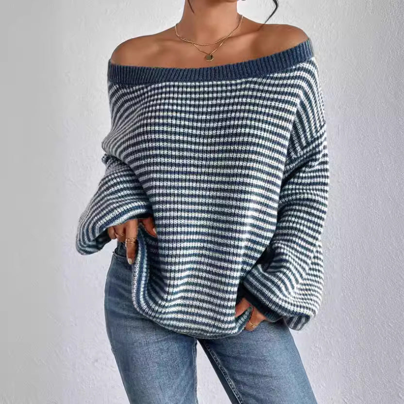 Women's Off-neck Shoulder-baring Sweater Contrast Color