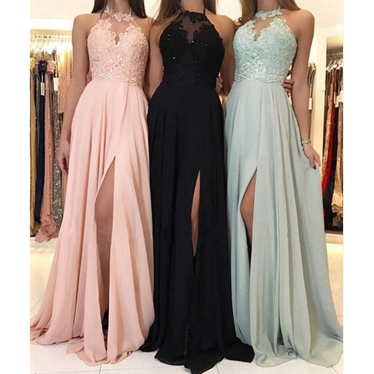 Halter Lace Chiffon Dress Prom Evening Dress Split Long Skirt