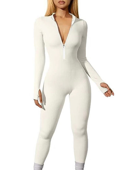 Workout Ribbed Long Sleeve Zipper Casual Jumpsuit