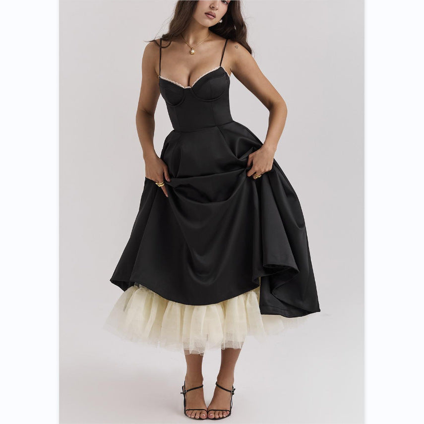 Robe longue bouffante sans manches à col en V pour femme