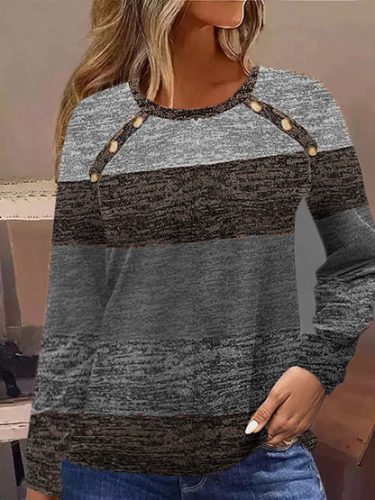 Color Block Printed Button Long Sleeve Round Neck T-shirt