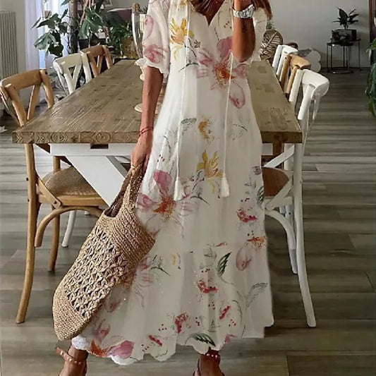 Women's Printed Medium Sleeve Long Dress