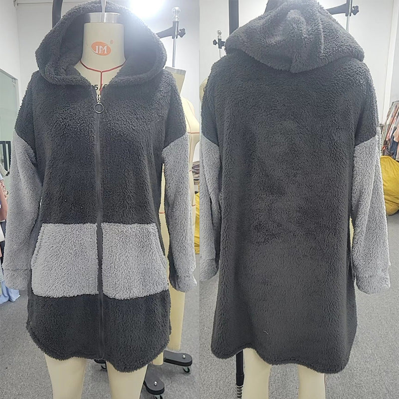 Autumn And Winter Stitching Contrast Color Double-sided Velvet Hooded Jacket Zipper Cloak Tops Warm Women