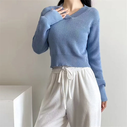 V-neck Thick Needle Pullover Cropped Sweater Autumn And Winter Women