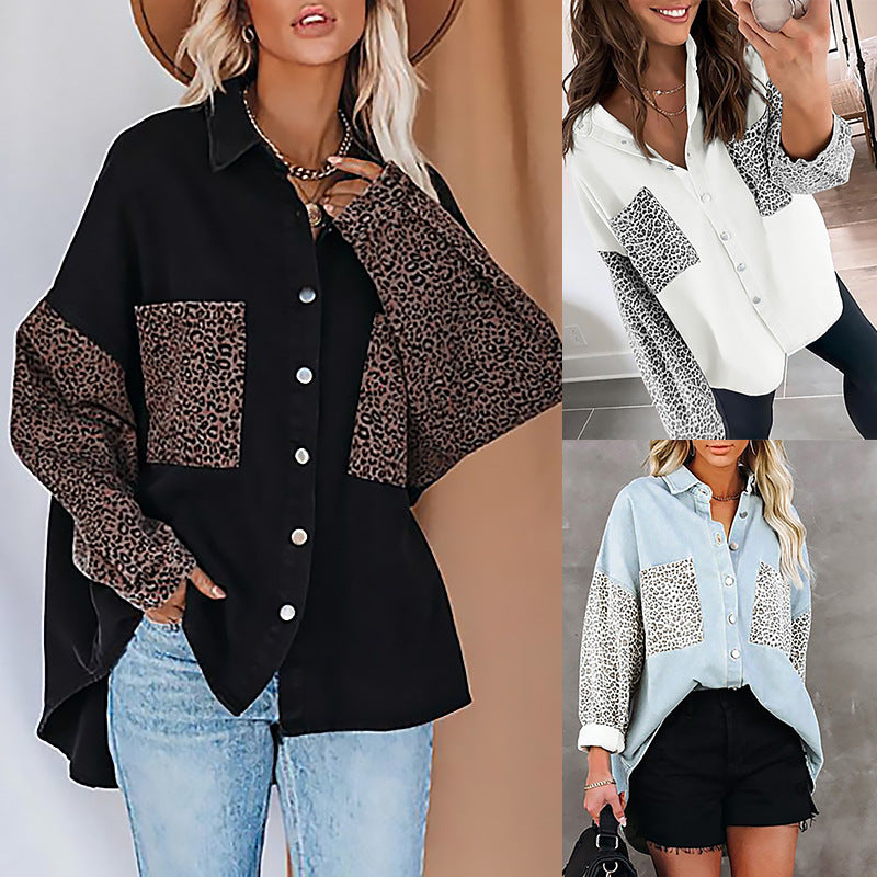 Long Sleeve Pocket Leopard Print Lapel Cardigan Top