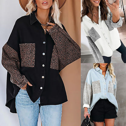 Long Sleeve Pocket Leopard Print Lapel Cardigan Top