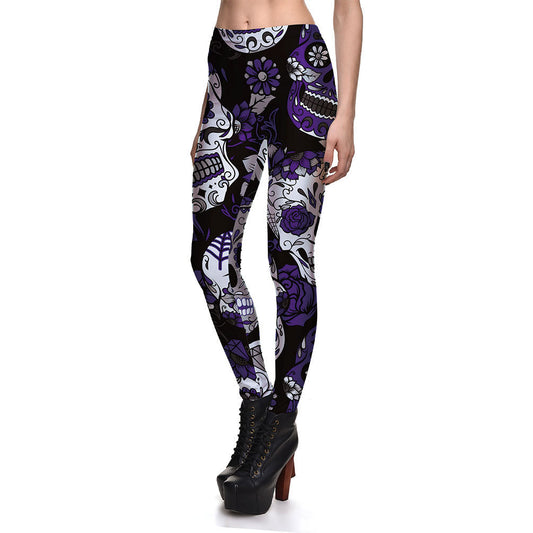 Leggings Fitness High Quality Women's Purple Skull Vines Evil Legging Sexy Stretch Digital Print Pants Cool Trousers