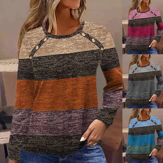 Color Block Printed Button Long Sleeve Round Neck T-shirt