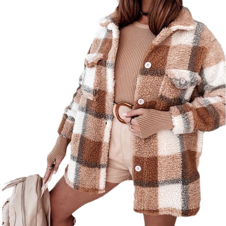 Women's Long-sleeved Double-pocket Plaid Furry Coat