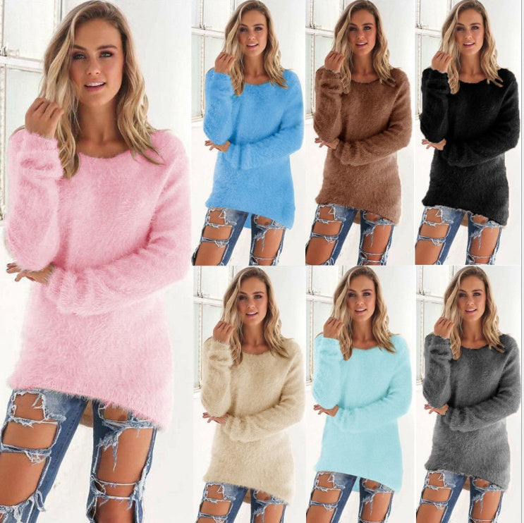 Pull à manches longues de couleur unie pour femme en Europe et aux États-Unis avec grosse peluche