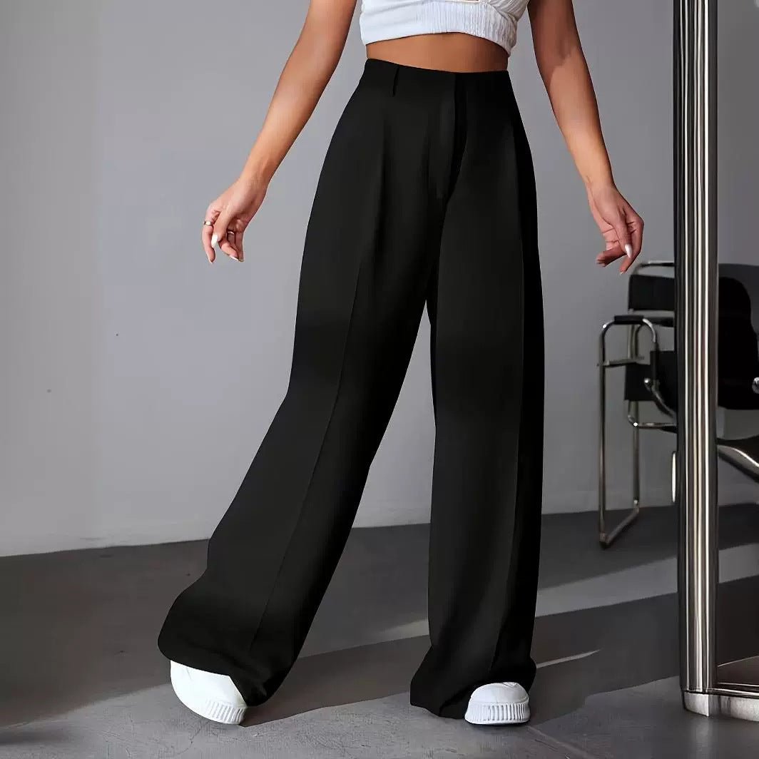 Pantalon ample taille haute amincissant à jambes larges et coupe droite