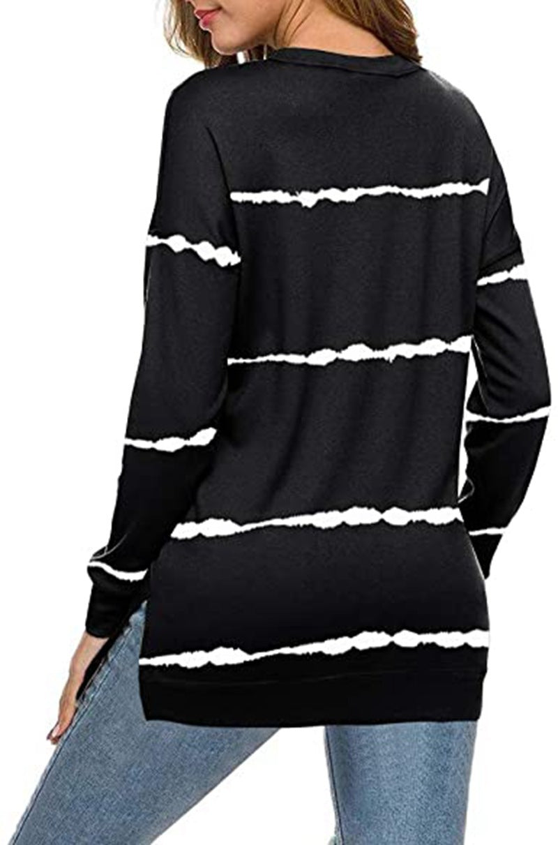 Printed striped round neck loose sweatshirt