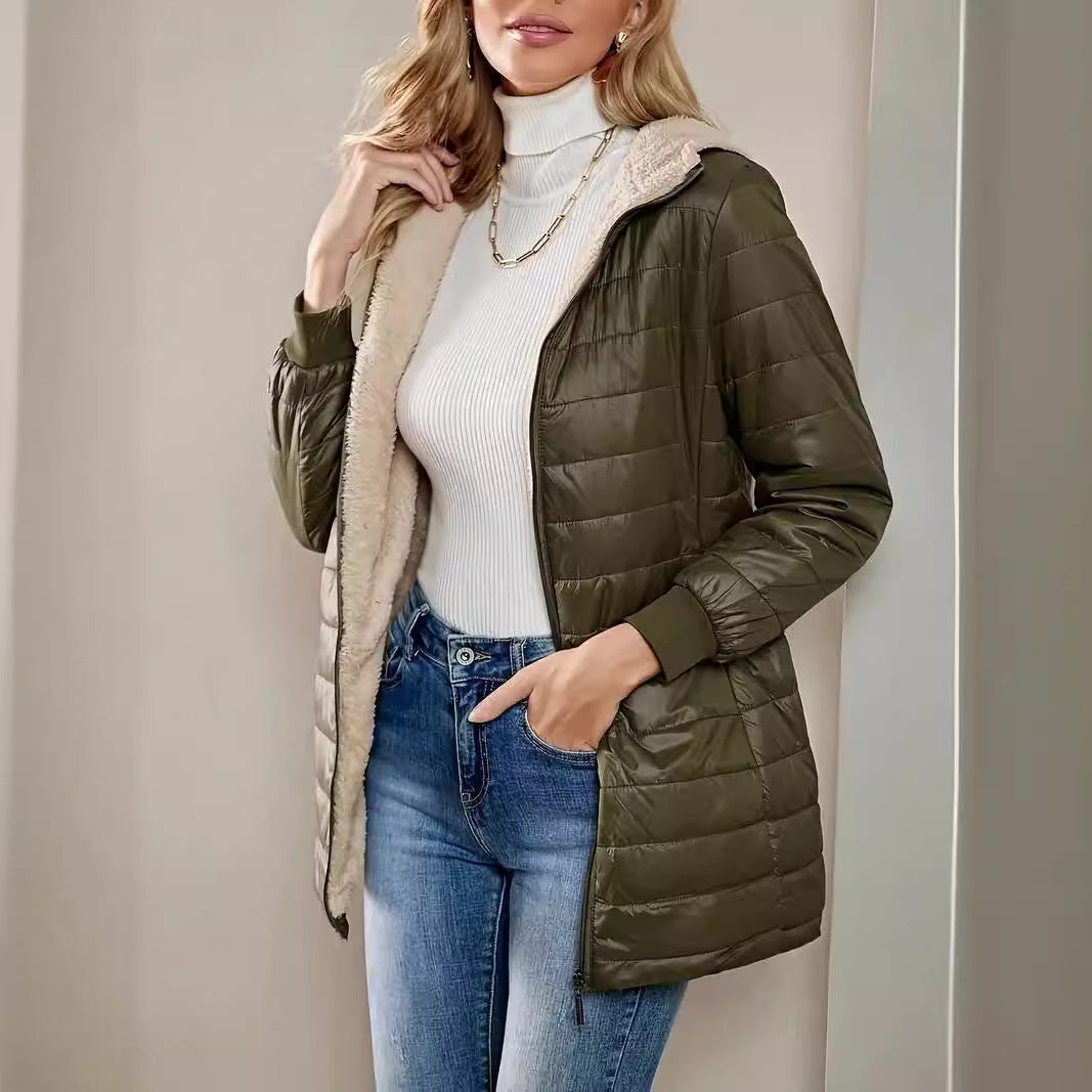 Mid-length Loose Hooded Fleece-lined Quilted Cotton Jacket