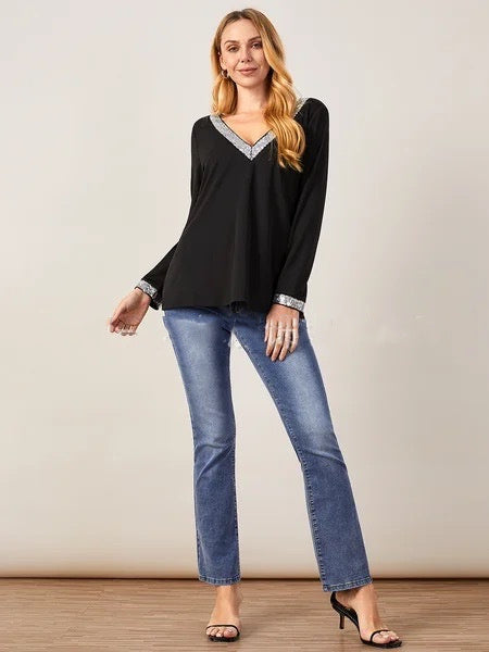 European And American New Elegant Elegant V-neck Women's Long-sleeved T-shirt