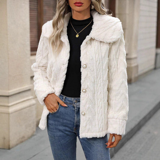 Manteau cardigan décontracté à revers larges en peluche double face pour femme