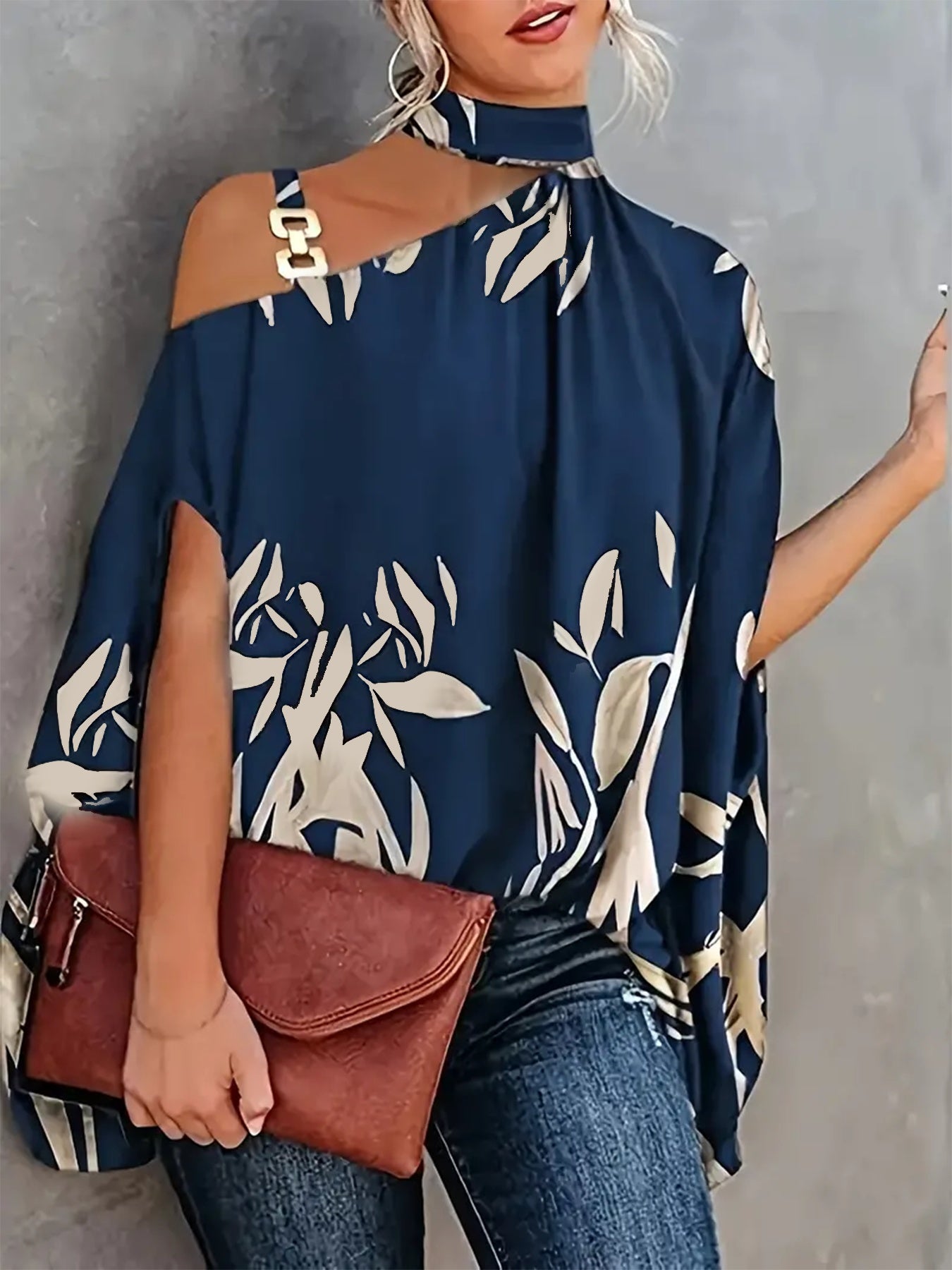 Leaves Print One Shoulder Blouse, Elegant Chain Strap Mock Neck Short Sleeve Blouse For Spring & Summer, Women's Clothing