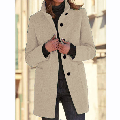 Fashion Stand Collar Woolen Coat With Pockets Fall Winter Casual Button Outwear For Women Clothing