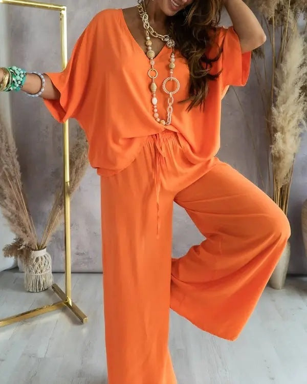 Women's Bat Sleeve Top Casual Pants Suit