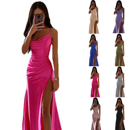 Breast Shrink Pleated Slit Satin Slim-fit Bag Buttock Dress