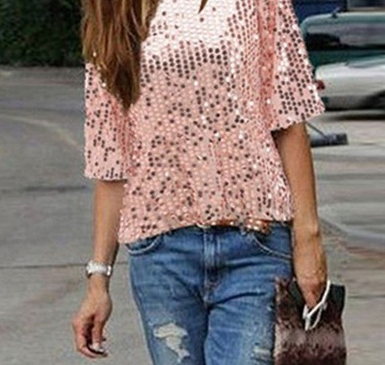 Sequined Sequined Mid-sleeve One-neck Loose Casual T-shirt