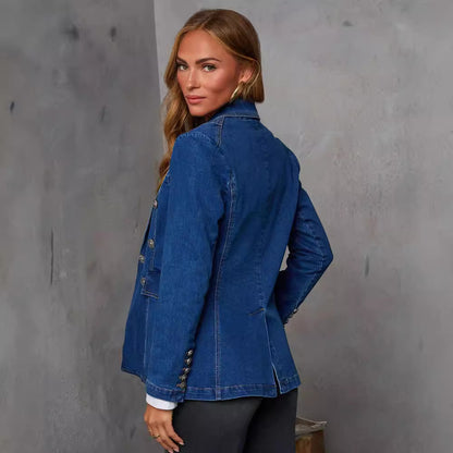 Casual Blue Denim Female Suit Coat