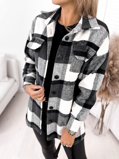 Long-sleeved Single-breasted Plaid Print Shirt Collar Woolen Jacket