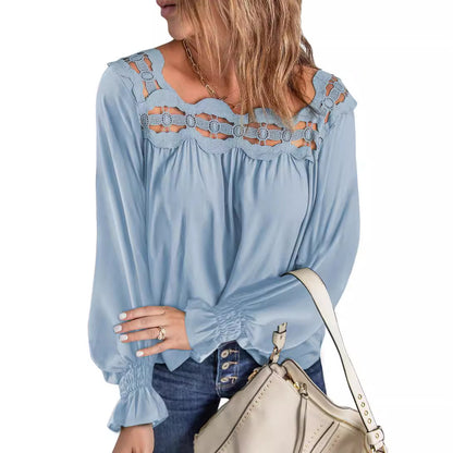 Loose Pullover Shirt Hollow Out Lace-collared Blouse Women