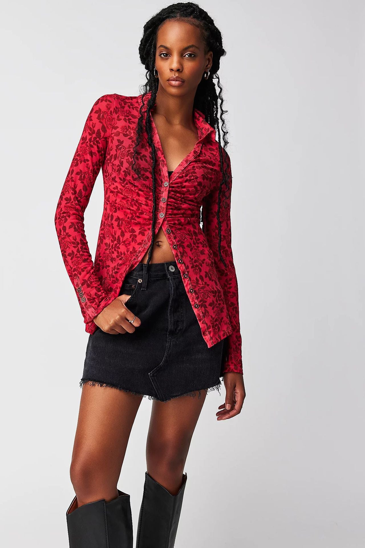 Chemise cardigan à manches longues et col carré de couleur chaude pour femme