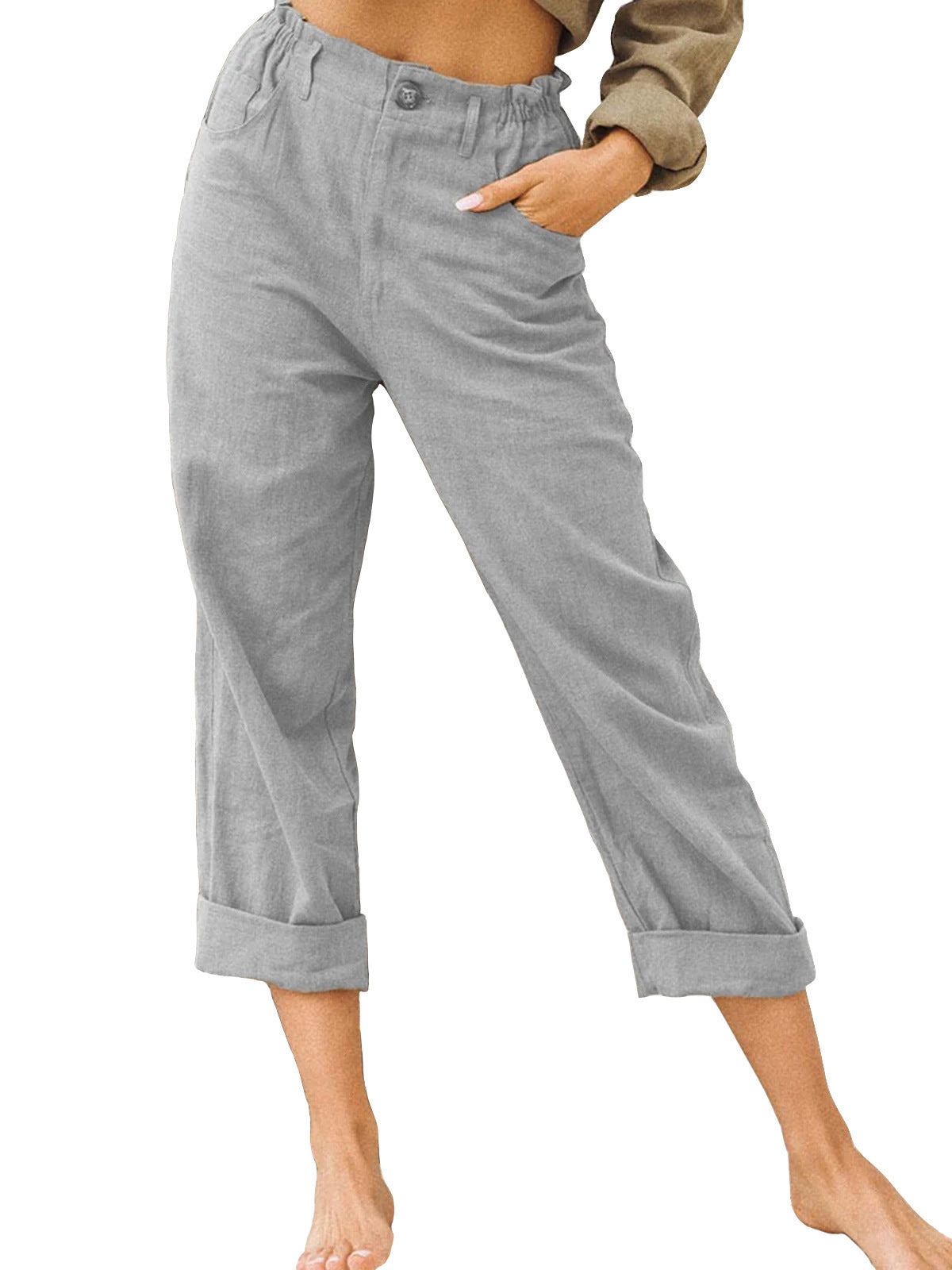 Pantalon patchwork en coton et lin pour femme, pantalon à taille élastique avec cordon de serrage au dos, pantalon décontracté ample