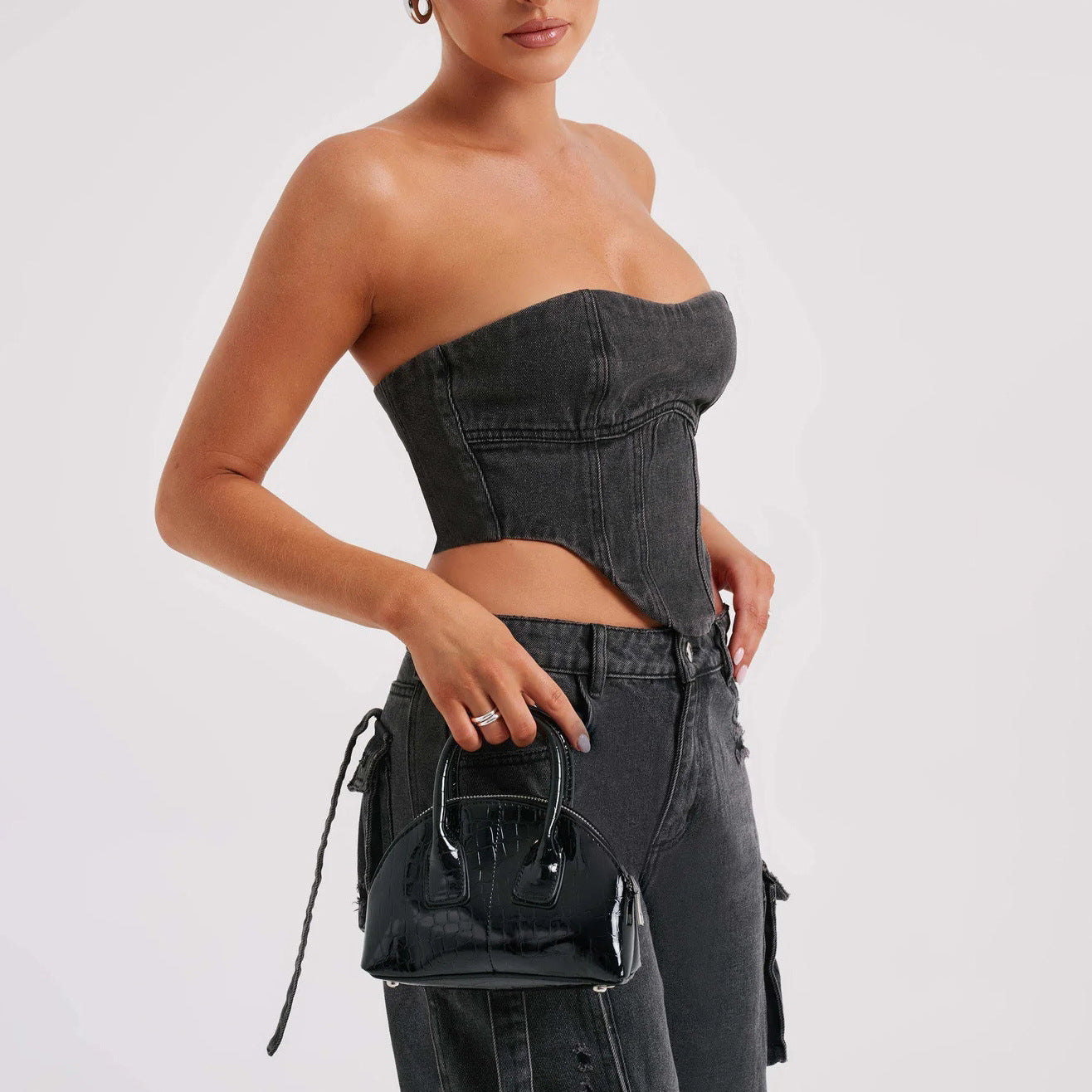 Costume pour femme taille basse haut tube tridimensionnel et pantalon en jean à coutures de poche