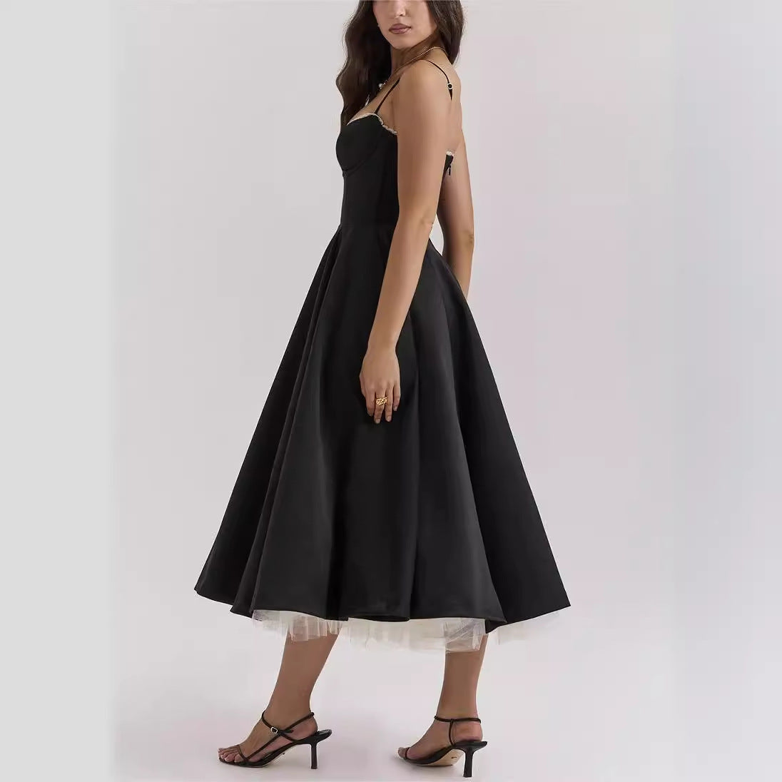 Robe longue bouffante sans manches à col en V pour femme