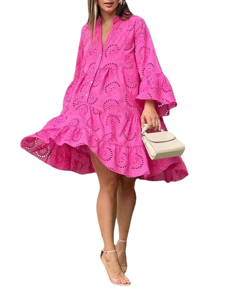 Summer Flower Hollow-out Embroidered V-neck 7-quarter Sleeve Large Swing Dress