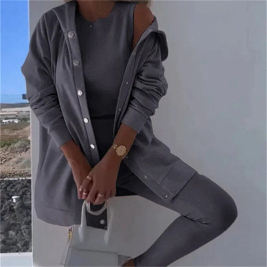 Women's Fashion Sports And Leisure Hooded Sweater Vest Pants Three-piece Set