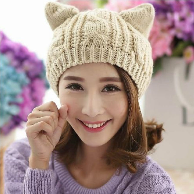 Bonnet tricoté à la main en 3D avec oreilles de chat pour l'hiver