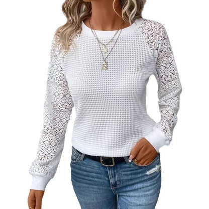 European And American New Pure Color Lace Long Sleeve Hollowed Leisure Women's T-shirt Tops