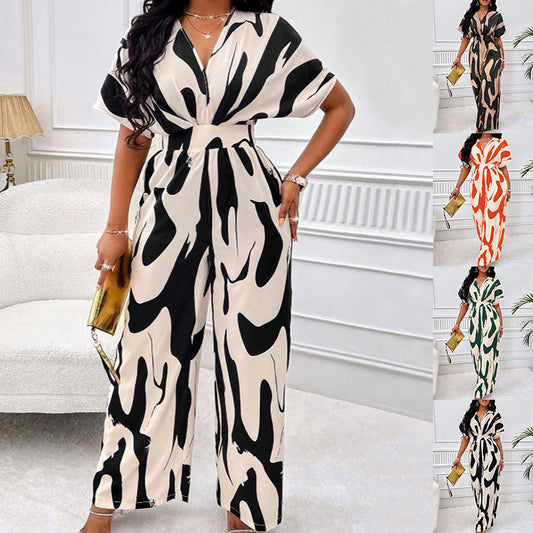 V-neck Loose Printed Long Jumpsuit