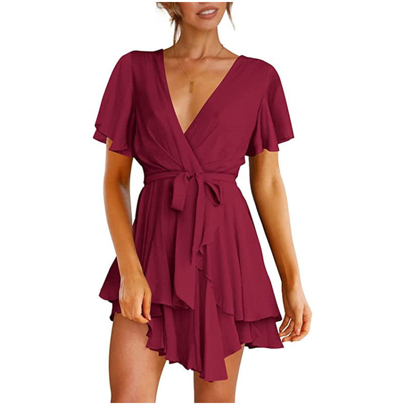 V-Neck Short Sleeve Mini Flowy Dress