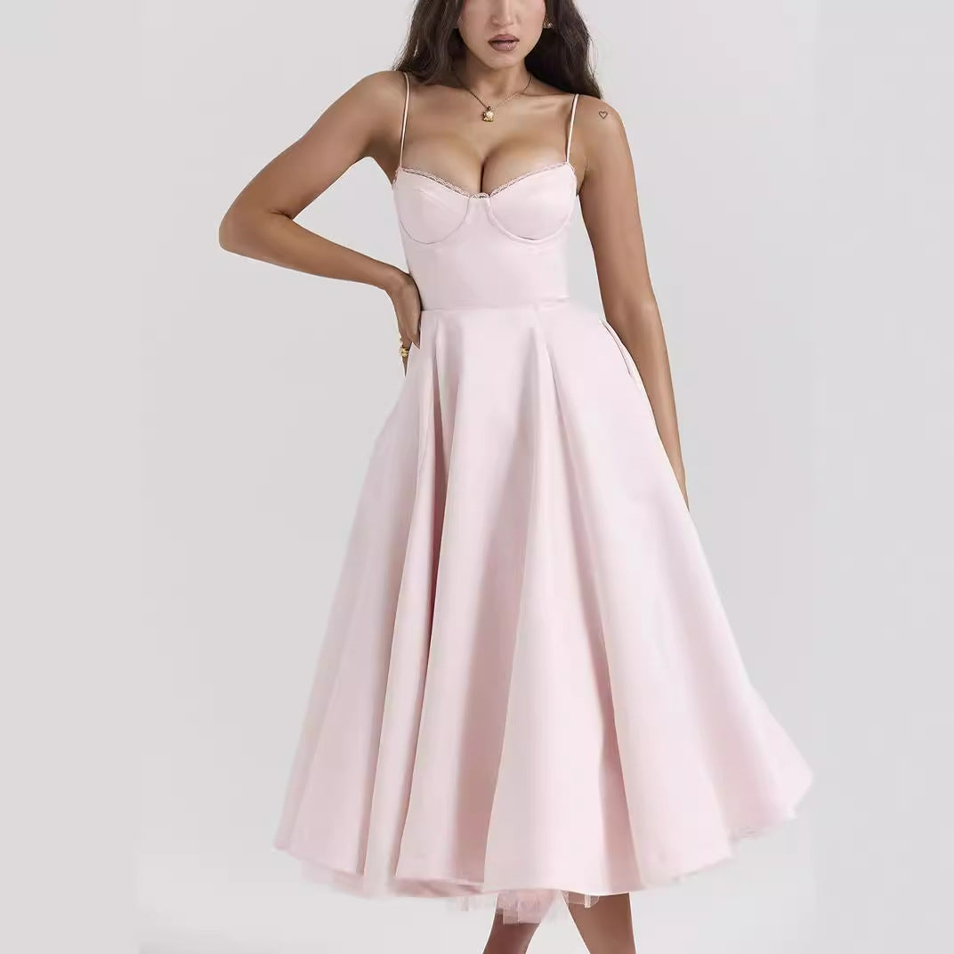 Robe longue bouffante sans manches à col en V pour femme