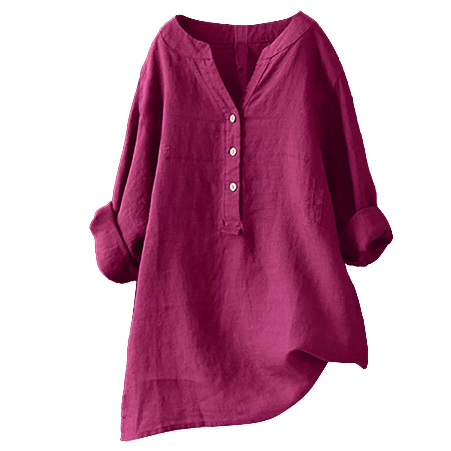 Loose Solid Color Stand Collar Button Long Sleeve Cotton And Linen Top