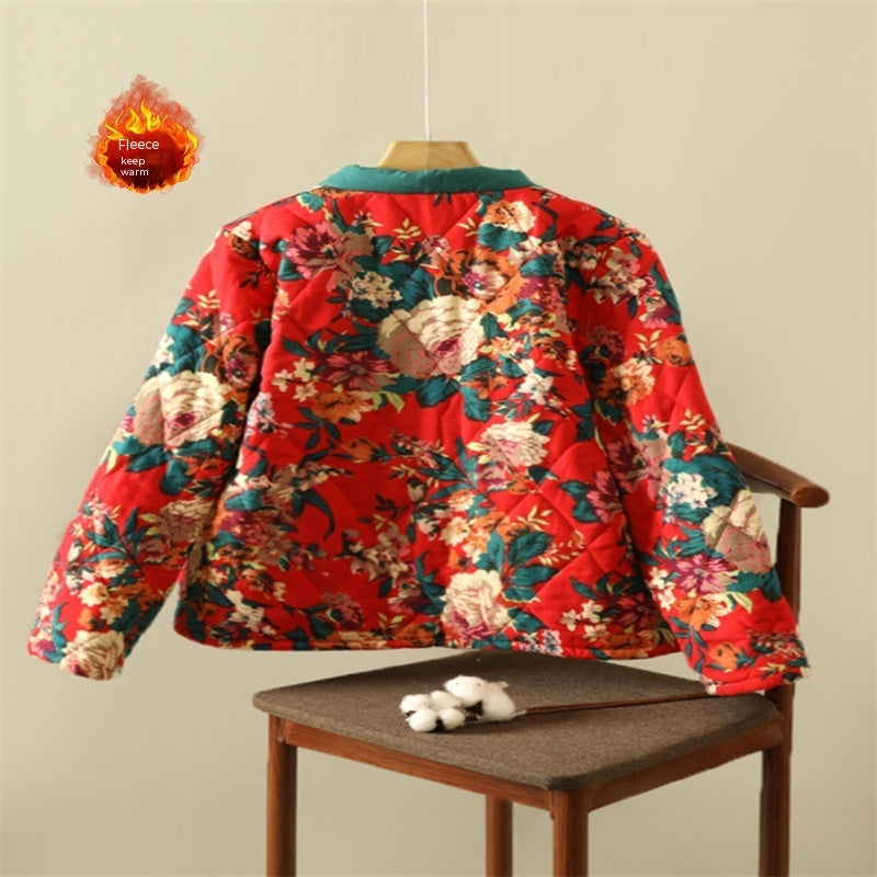 Floral Jacket Ethnic Print Fleece-lined Thickened Cotton-padded Coat Plus Size Women's Clothing